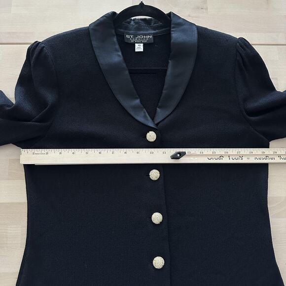 St John Evening Blazer 10 Black Santana Knit Rhinestone Tuxedo Jacket Elegant - Picture 8 of 10